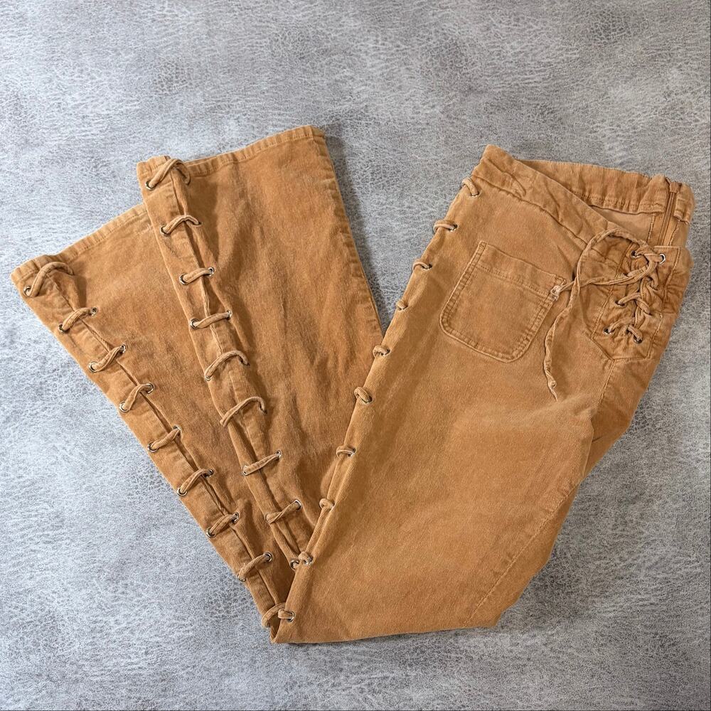 Y2k Camel Corduroy Flare Lace Up Pants